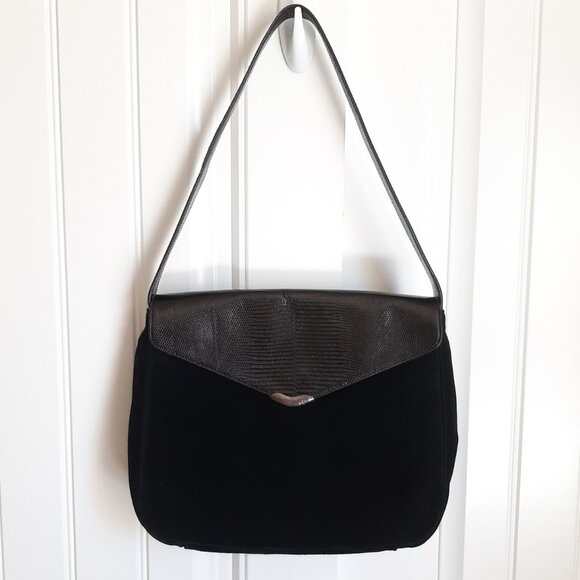 Ralph Lauren VTG Black Suede & Reptile Leather Flap Shoulder Bag - Picture 1 of 16